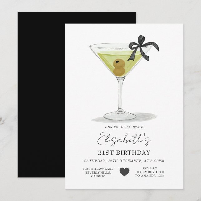 Invitation Black Bow Un peu plus âgée Olive Martini Anniversa (Devant / Derrière)
