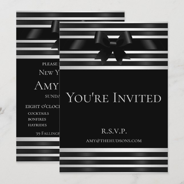 Invitation Black Bow White Stripes pour la Saint-S (Devant / Derrière)