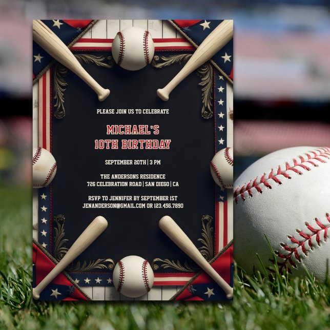 Invitation Black Boys Sport Baseball fête d'anniversaire (Baseball Birthday Invitation – All-Star 10th Birthday Party for Kids Invitation)