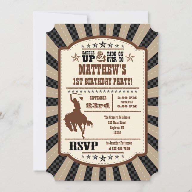 Invitation Black Brown Cowboy Rodeo Anniversaire Fête Invitat (Devant)