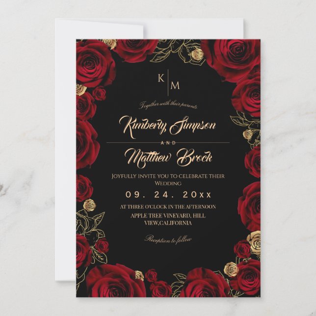 Invitation Black Burgundy⎮ Gold Rose Floral Boho Wedding (Devant)