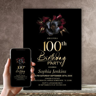 Invitation Black Burgundy Grey Floral 100e fête d'anniversair