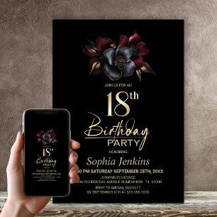 Invitation Black Burgundy Grey Floral 18e fête d'anniversaire