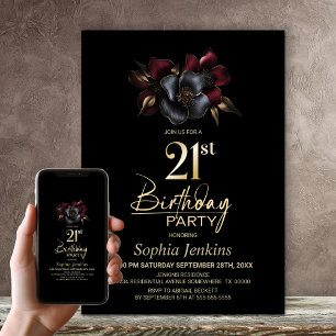 Invitation Black Burgundy Grey Floral 21ème anniversaire