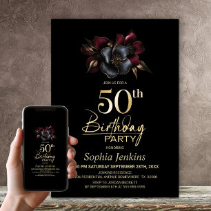 Invitation Black Burgundy Grey Floral 50e fête d'anniversaire
