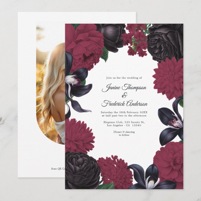 Invitation Black & Burgundy Photo/QR Code Floral Wedding (Devant / Derrière)