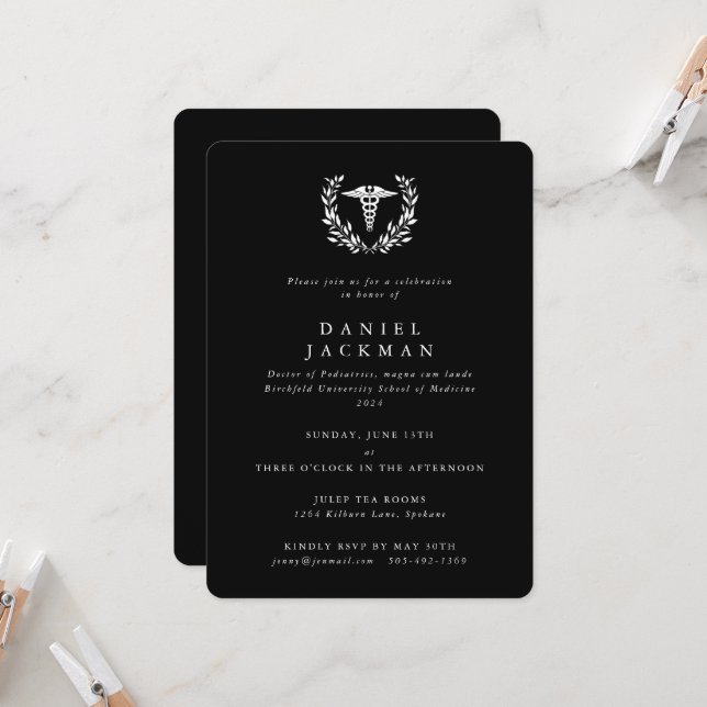 Invitation Black Caduceus+Laurel Médicale School Graduation (Devant/Arrière en situation)