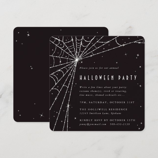 Invitation Black Carré Diamond Spider Web Halloween Party (Devant / Derrière)