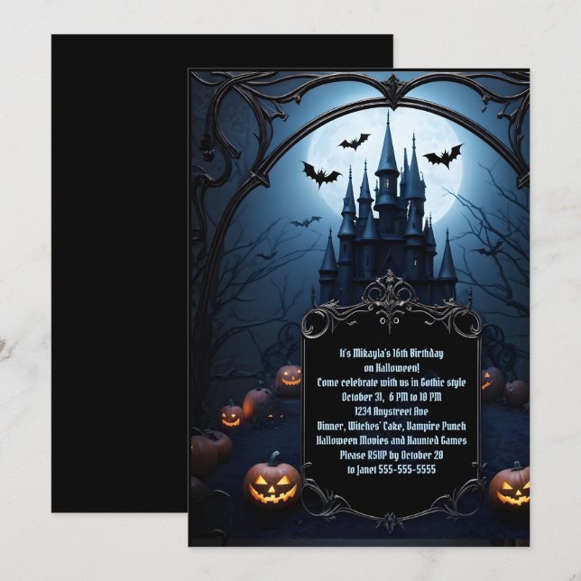 Invitation Black Castle Ado Halloween fête d'anniversaire (Devant / Derrière)