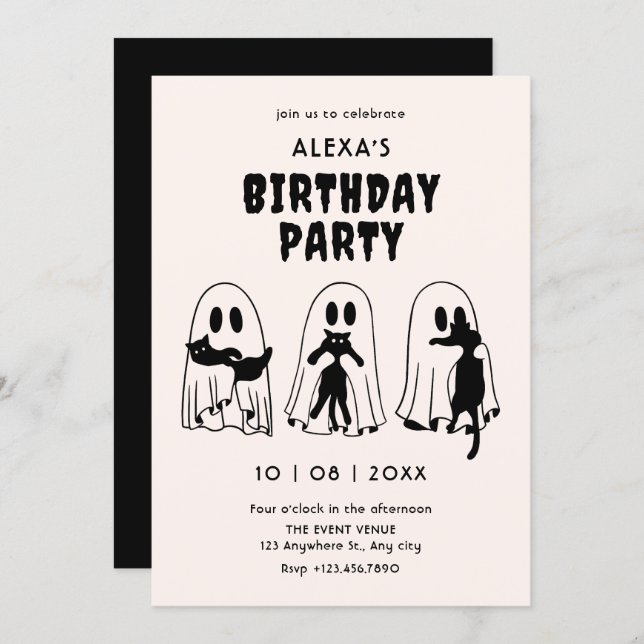 Invitation black Cat ghost birthday  (Devant / Derrière)