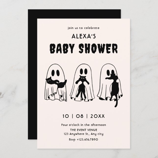 Invitation black Cat ghost funny baby shower (Devant / Derrière)