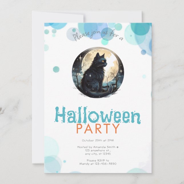 Invitation Black Cat Pleine lune Étoiles jolie fête d'Hallowe (Devant)