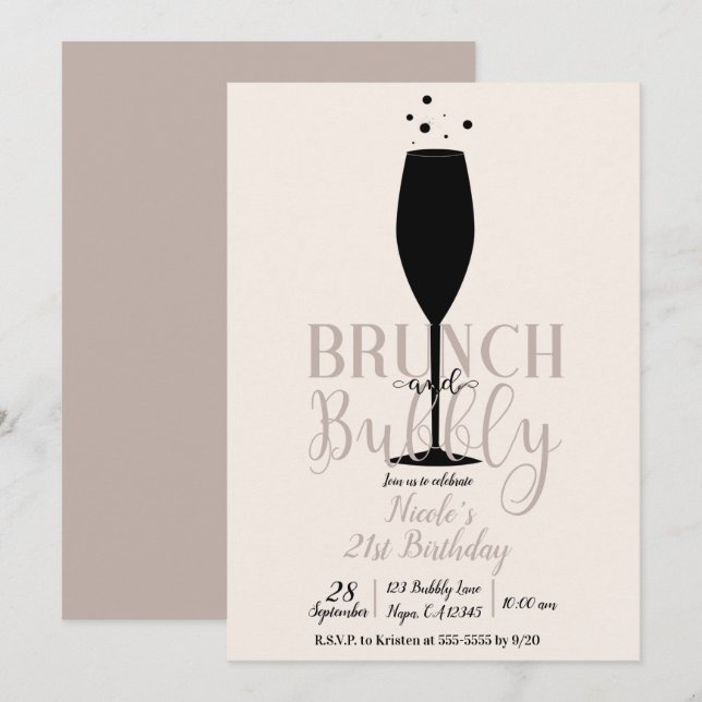 Invitation Black Champagne Glass Brunch & Bubbly Anniversaire (Devant / Derrière)