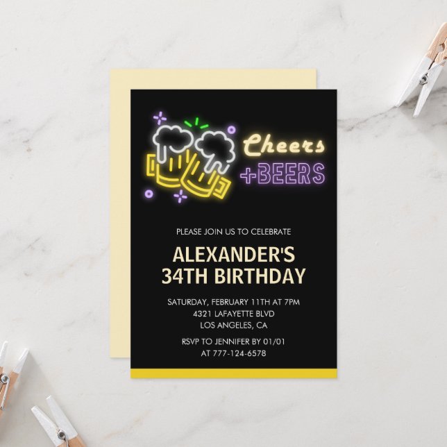 Invitation Black Cheers Beer Drinks 34e anniversaire invitati (Devant/Arrière en situation)