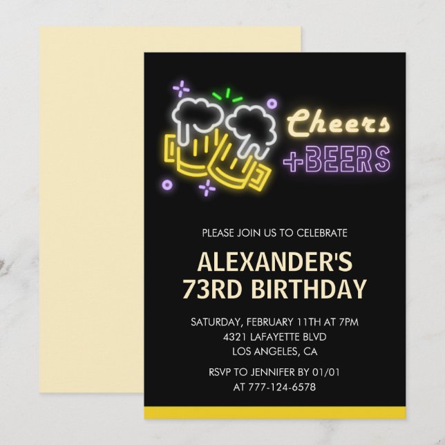 Invitation Black Cheers Beer Drinks 73e anniversaire invitati (Devant / Derrière)