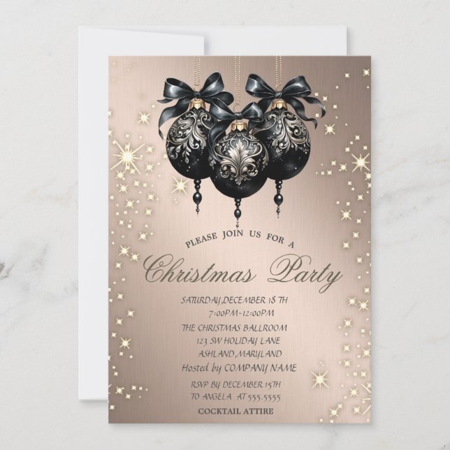 Invitation Black Christmas Balls Rose Gold Christmas Party (Devant)