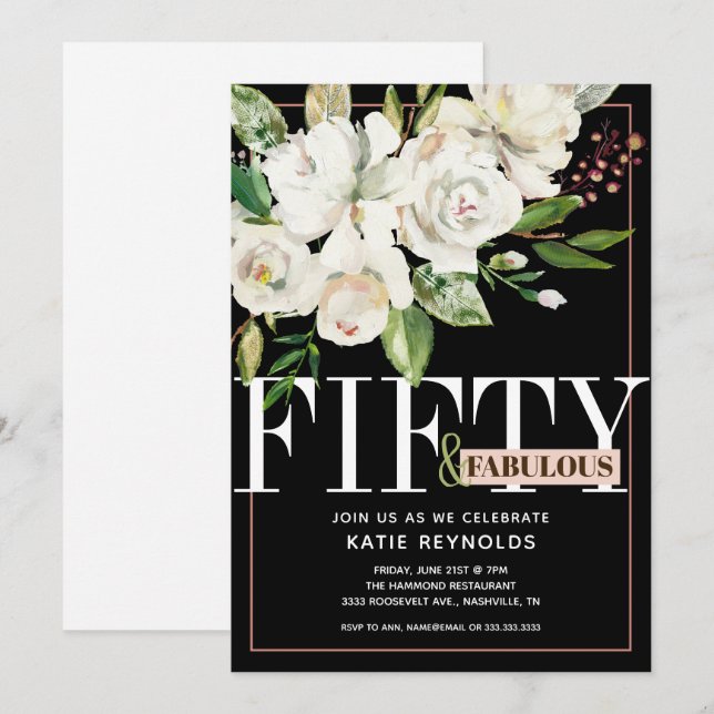 Invitation Black Cinquante et Fabrique Blanc Floral Anniversa (Devant / Derrière)