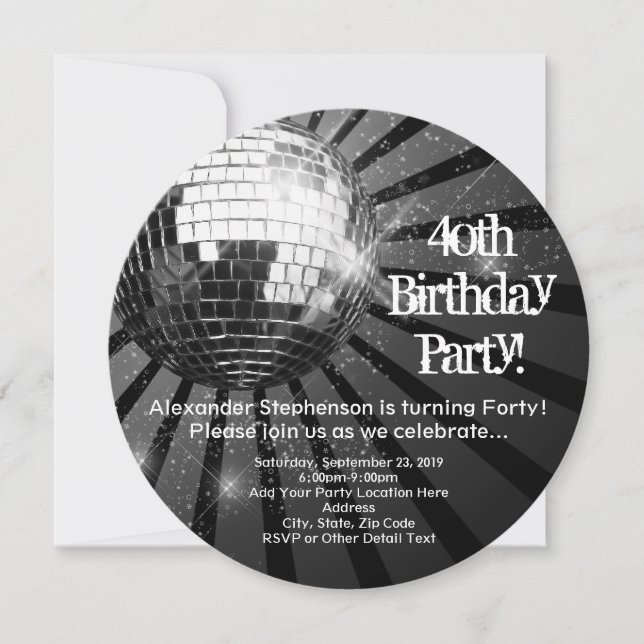 Invitation Black Circle Round Disco Ball 40th Birthday Party (Devant)