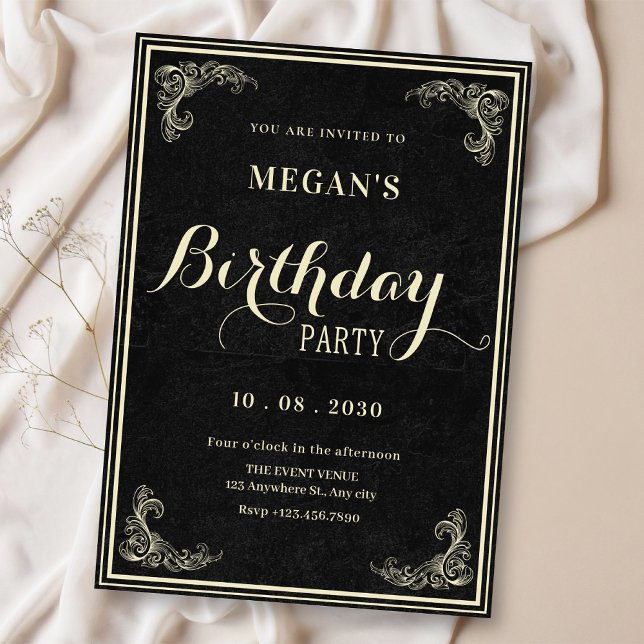 Invitation Black classic vintage elegant birthday  (Créateur téléchargé)