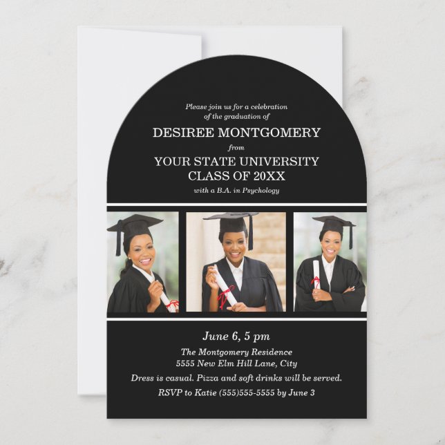 Invitation Black College University 3 Photo Arch Graduation (Devant)
