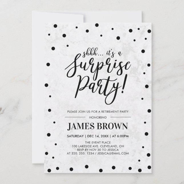 Invitation Black Confetti & Marble Surprise Retraite Party (Devant)