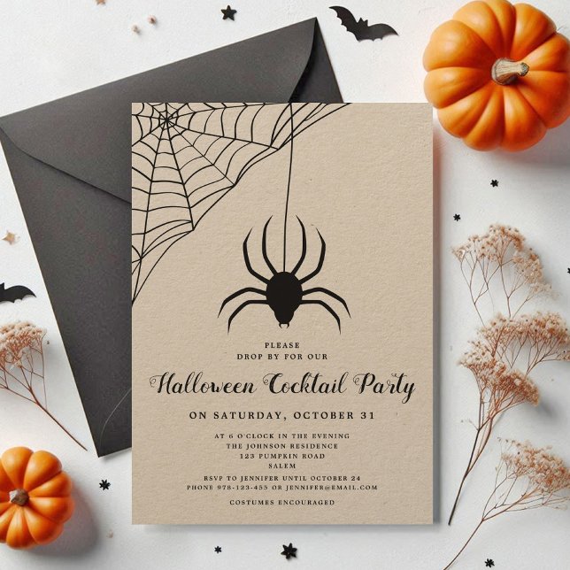 Invitation Black Cute Spider Halloween Cocktail Party (Black Cute Spider Halloween Cocktail Party Invitation)