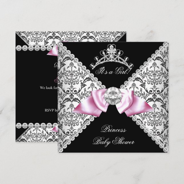 Invitation Black Damask Bow Princesse Baby shower rose (Devant / Derrière)