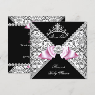 Invitation Black Damask Bow Princesse Baby shower rose