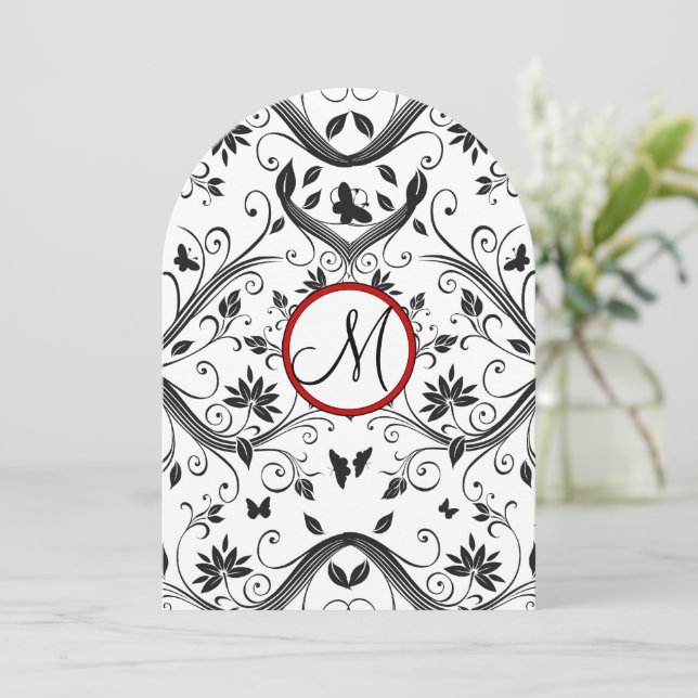 Invitation Black Damask Butterfly Swirls Red Wedding Invite (Debout devant)