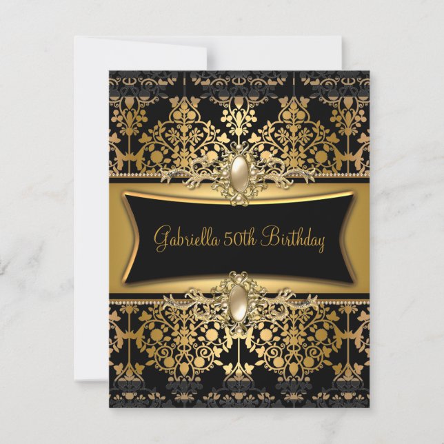 Invitation Black Damask Gold 50th Birthday Party Pearl (Devant)