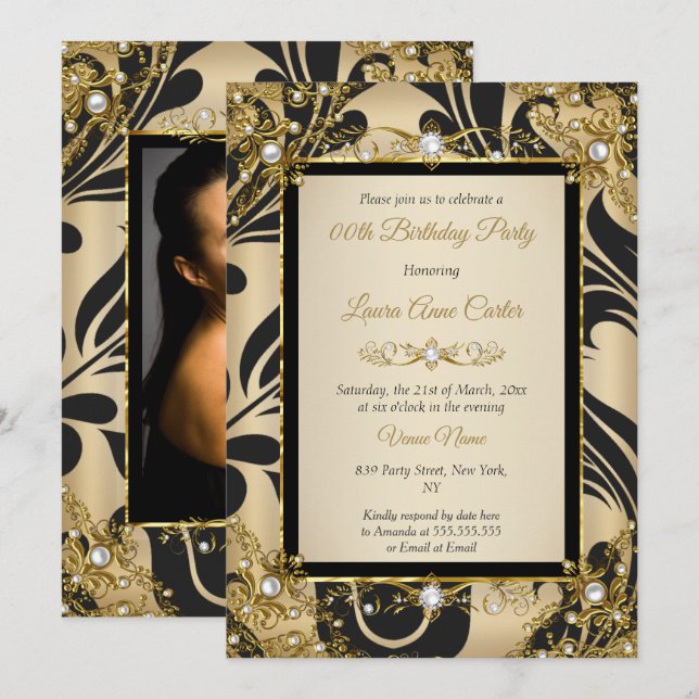 Invitation Black Damask Gold Beige Photo Anniversaire (Devant / Derrière)