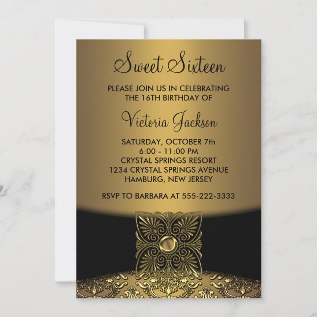 Invitation Black Damask Gold Classy Sweet sixteen Party (Devant)