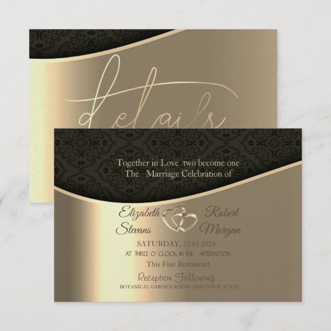 Invitation Black Damask Gold Hearts Mariage & registre (Devant / Derrière)