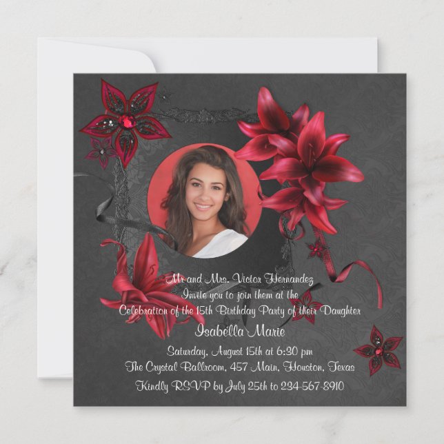 Invitation Black Damask Red Lilies Photo Quinceanera (Devant)