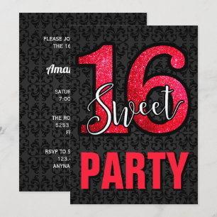Invitation Black Damask Red Parties scintillant Sweet 16 Anni