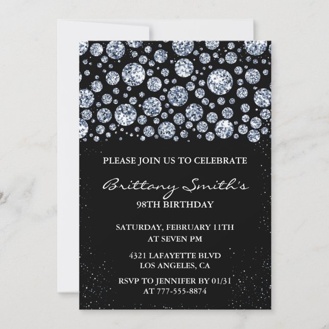 Invitation Black Diamond Sparkle Parties scintillant 98e anni (Devant)