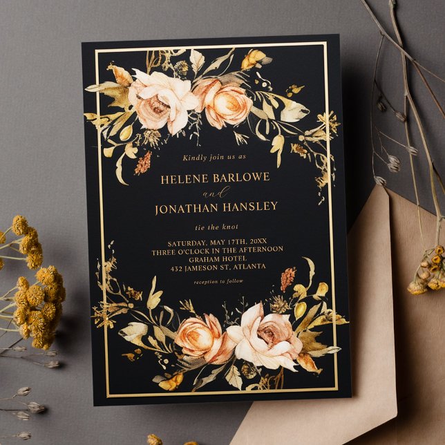 Invitation Black Elegant Floral Mariage moderne (Black Elegant Floral Modern Wedding Invitation)