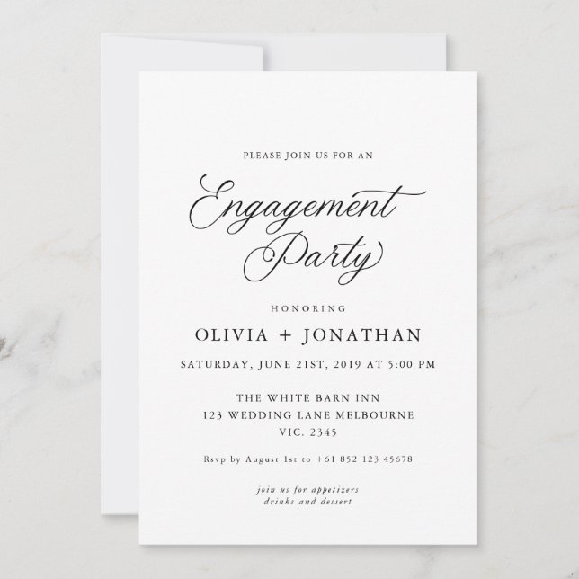 Invitation Black Elegant Moderne Calligraphie Partie d'engage (Devant)