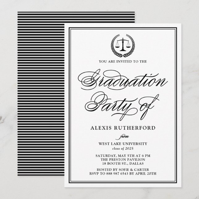 Invitation Black Elegant Script Law School Graduation Party (Devant / Derrière)