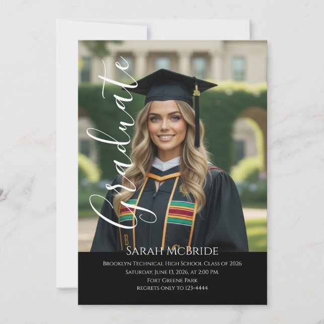 Invitation Black Elegant script simple one photo graduation (Devant)