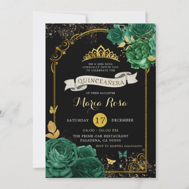 Invitation Black Emerald Green Couronne Quinceañera (Devant)