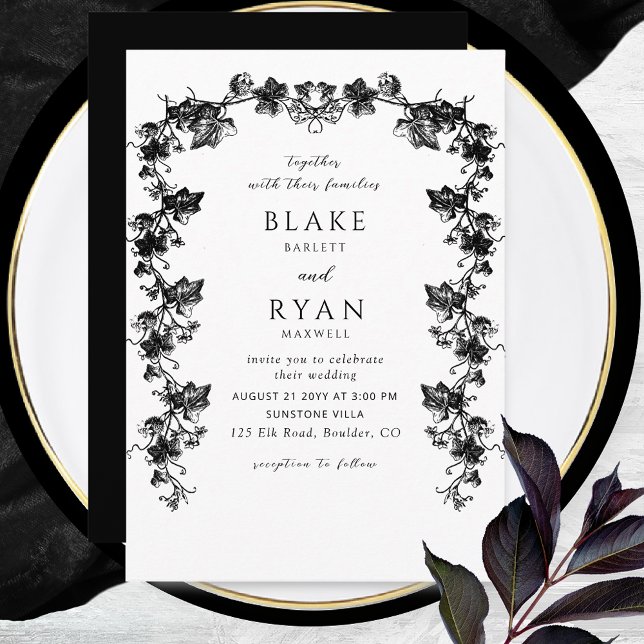 Invitation Black Enchantant Garland Chic Mariage (Créateur téléchargé)