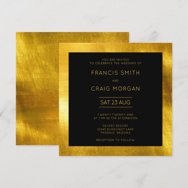 Invitation Black et Faux Gold Foil Mariage moderne (Devant / Derrière)
