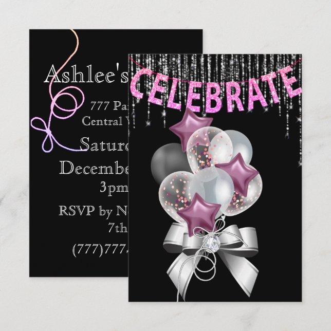 Invitation Black et Silver violet avec Balloons girl Party (Devant / Derrière)