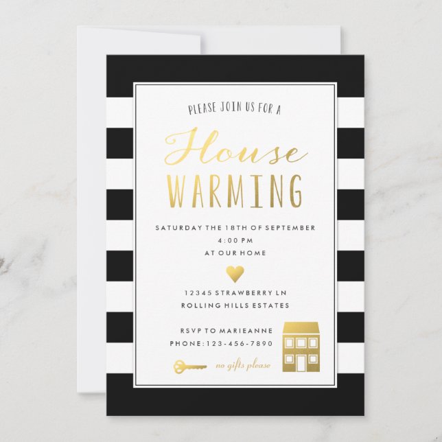 Invitation Black et White Stripe Gold House Party (Devant)