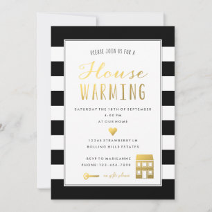 Invitation Black et White Stripe Gold House Party