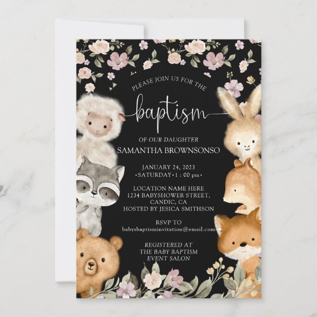 Invitation Black Farm Bear Fox Rabbit Raccoon Baptême (Devant)