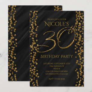 Invitation Black & Faux Gold Parties scintillant Glam 30 30e 