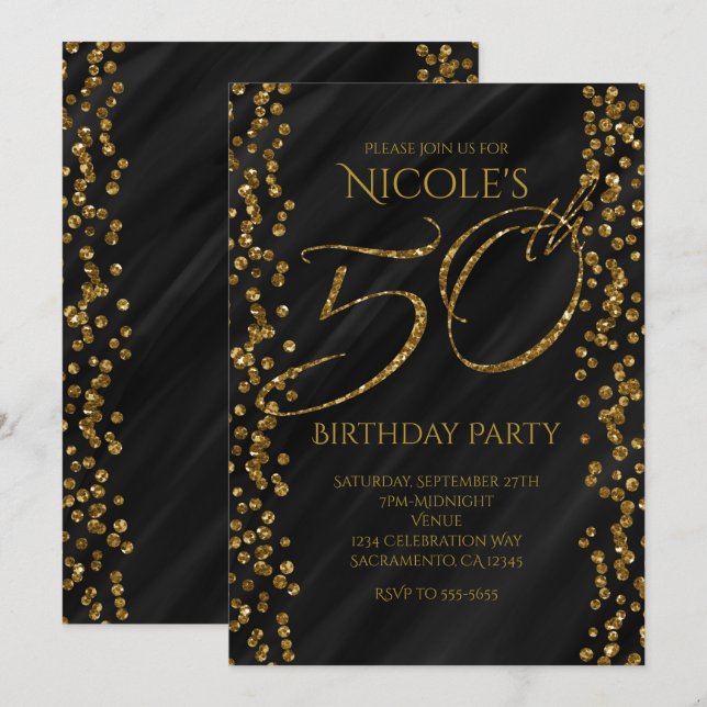Invitation Black & Faux Gold Parties scintillant Glam 50 50e  (Devant / Derrière)