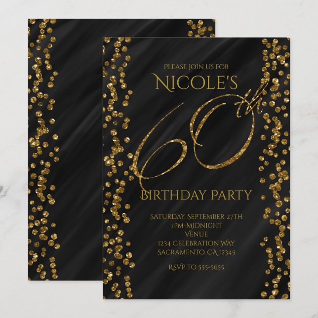 Invitation Black & Faux Gold Parties scintillant Glam 60 60e  (Devant / Derrière)